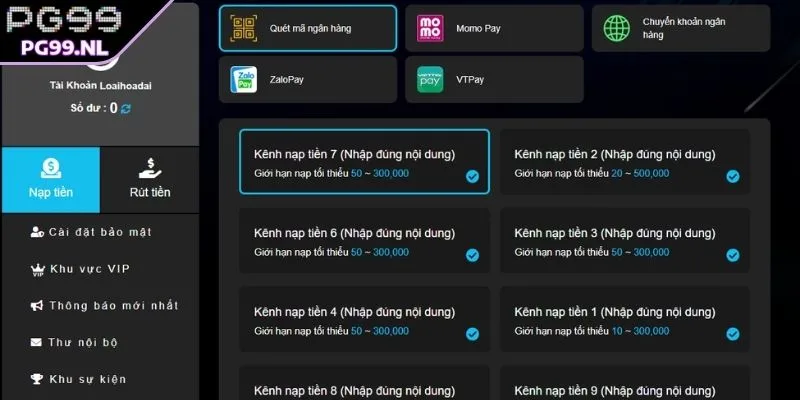 Hình thức nạp tiền PG99 phổ biến được cung cấp